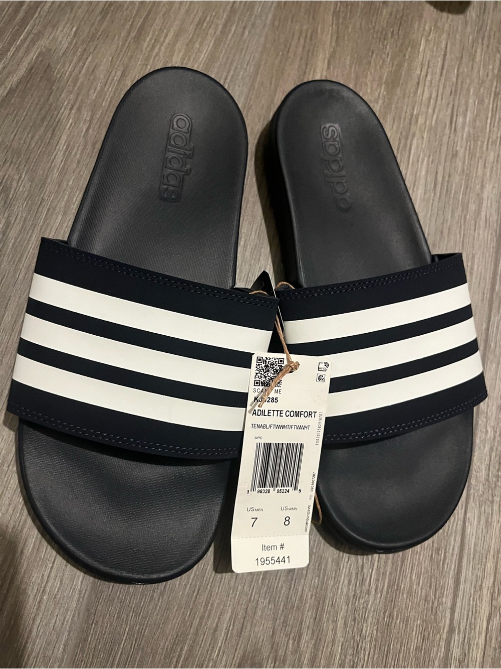 Women adidas Navy Slide Sandals with White Stripes